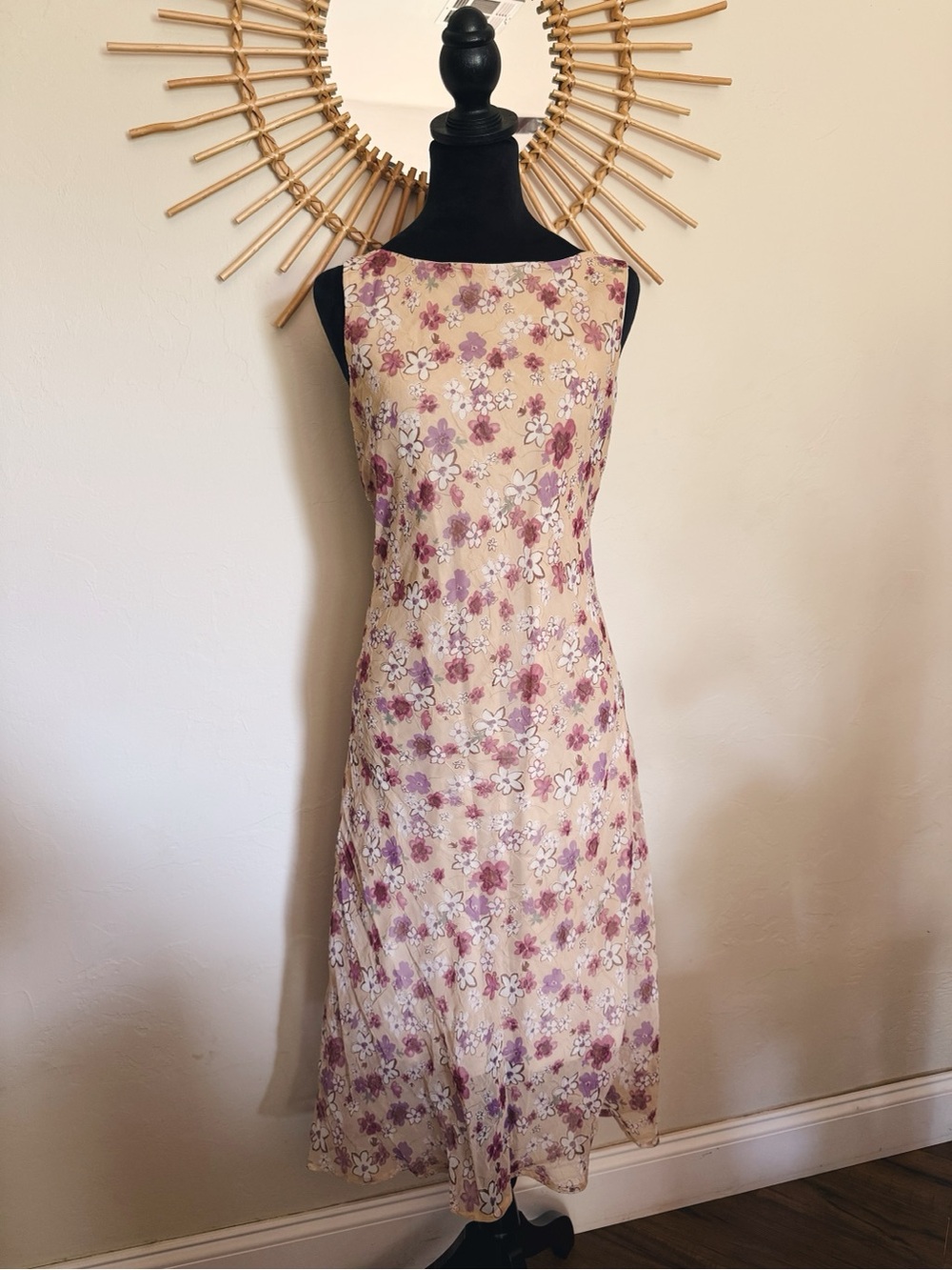 Floral Beige and Mauve Sleeveless Midi Dress